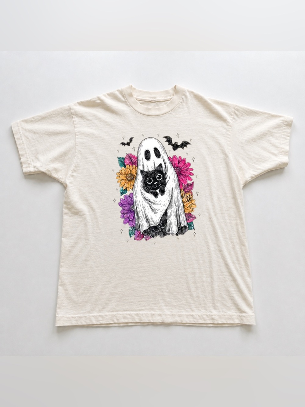 Off White Ghost Cat Tee with Pink Purple Yellow Floral Art